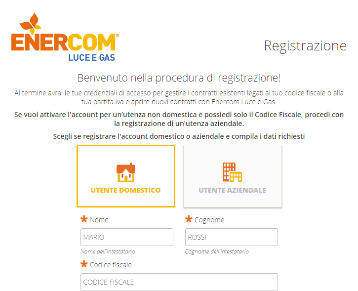 Registrazione Area Clienti Enercom