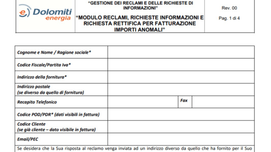 Dolomiti Energia modulistica per reclamo: tutte le informazioni su come compilarla