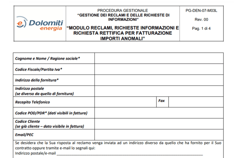 Dolomiti Energia modulistica per reclamo: tutte le informazioni su come compilarla